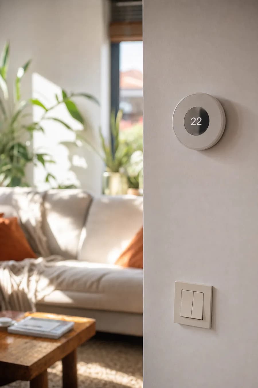 Thermostat on the wall of a comfortable sunlit living room