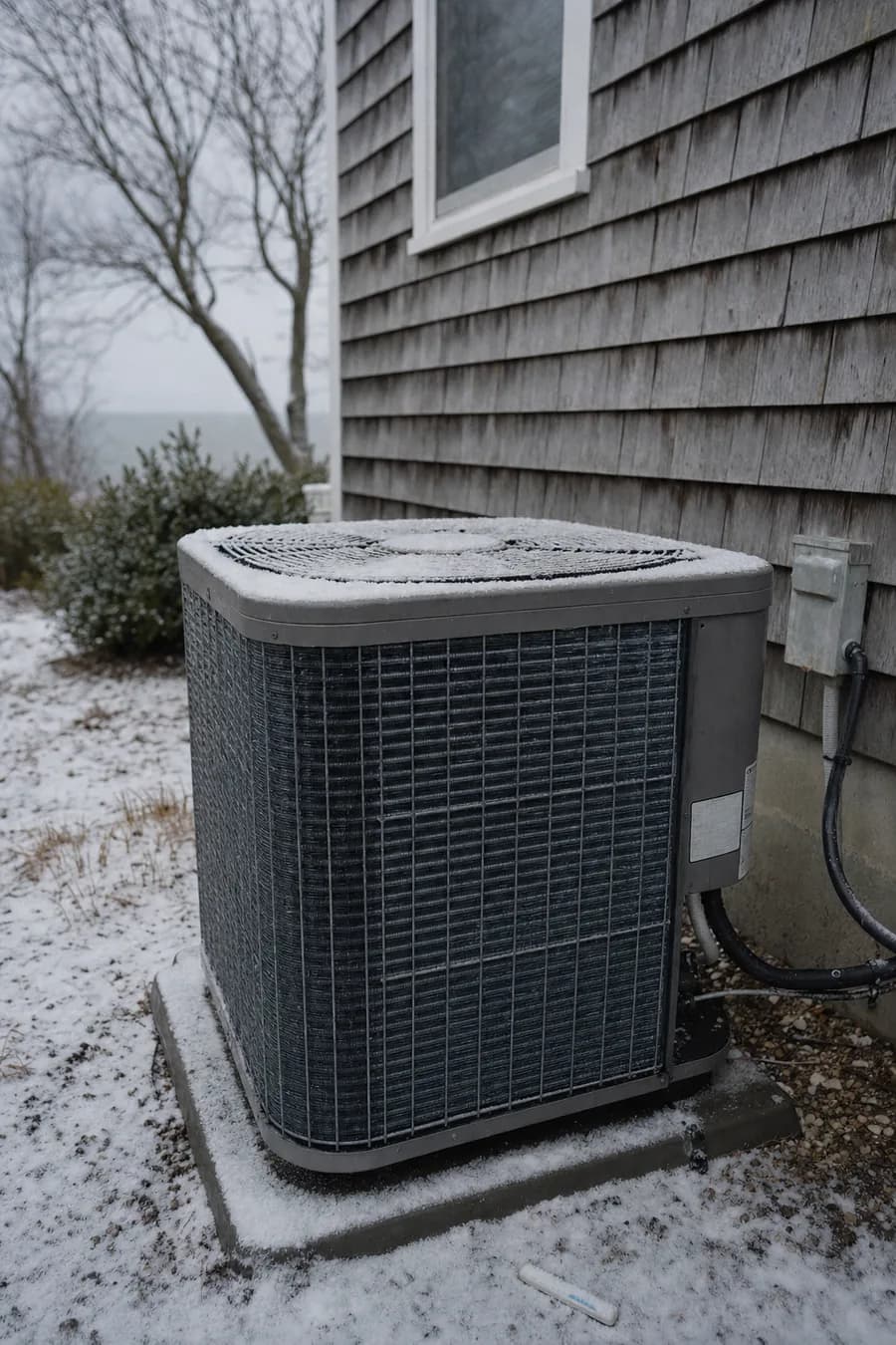 Residential air conditioning condenser beside a shore home in winter