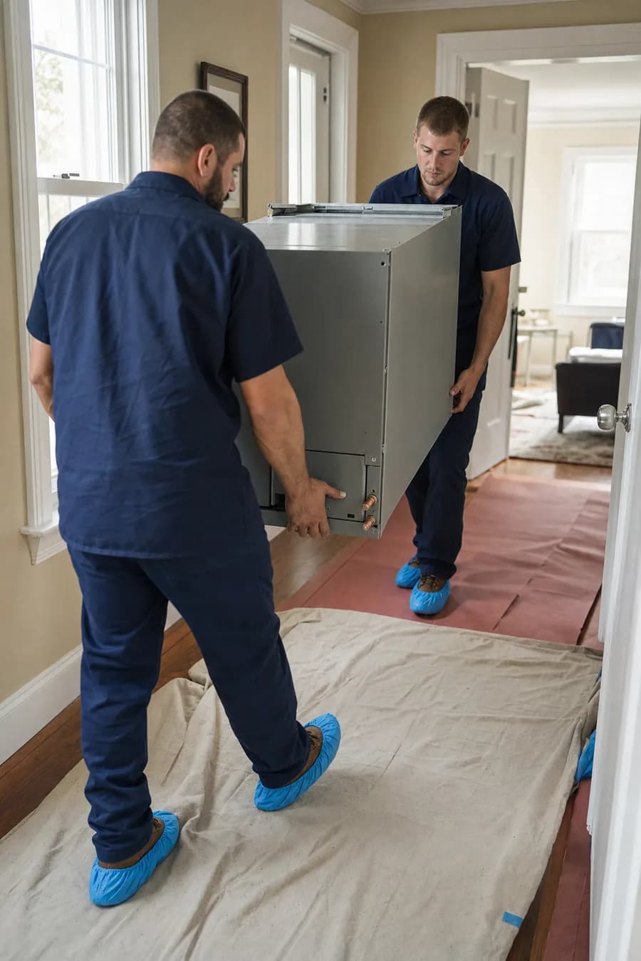 Two technicians carrying a new air handler over protected flooring