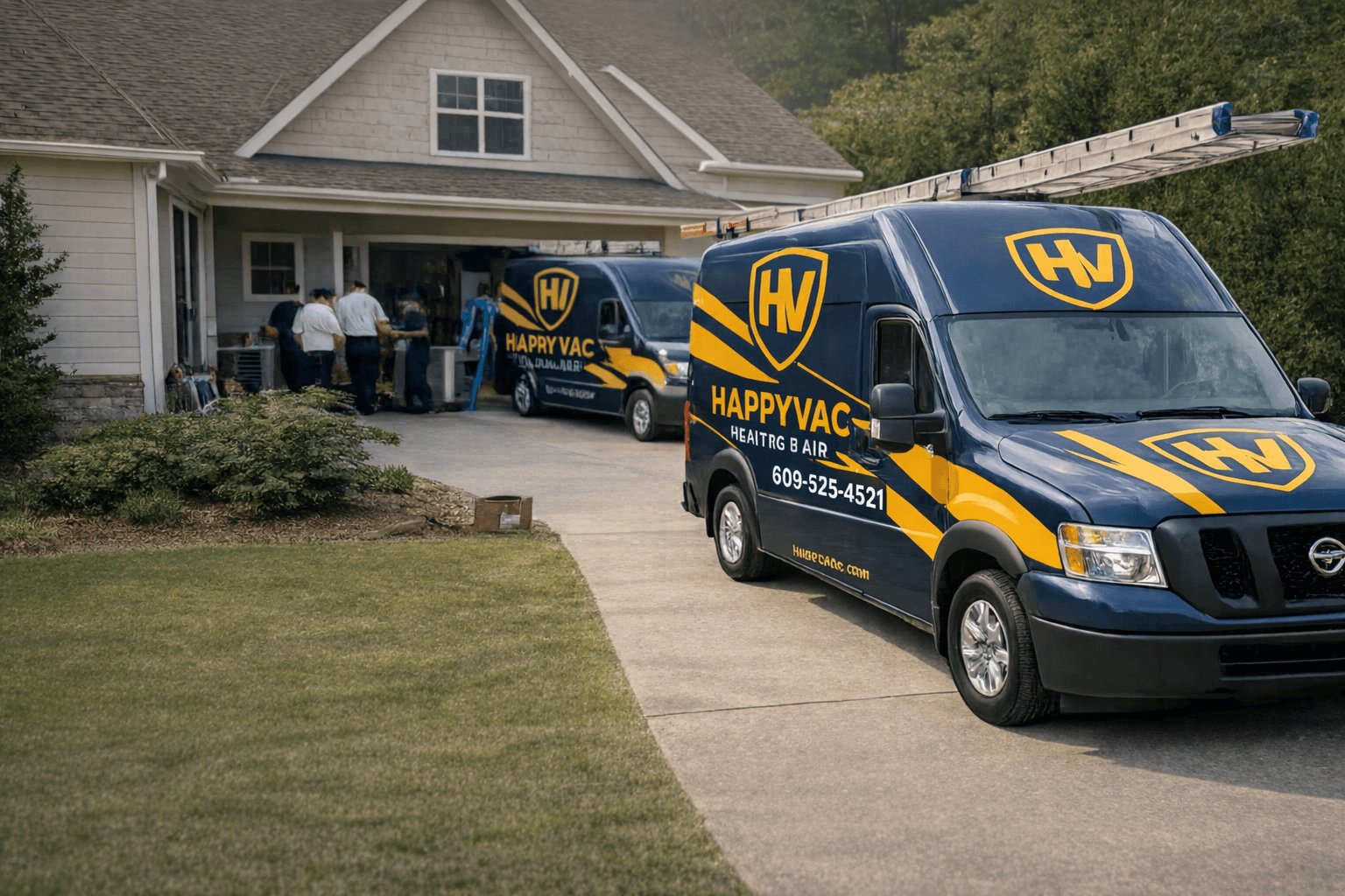 HappyVac Heating and Air team and branded service vans at a home in Atlantic County NJ